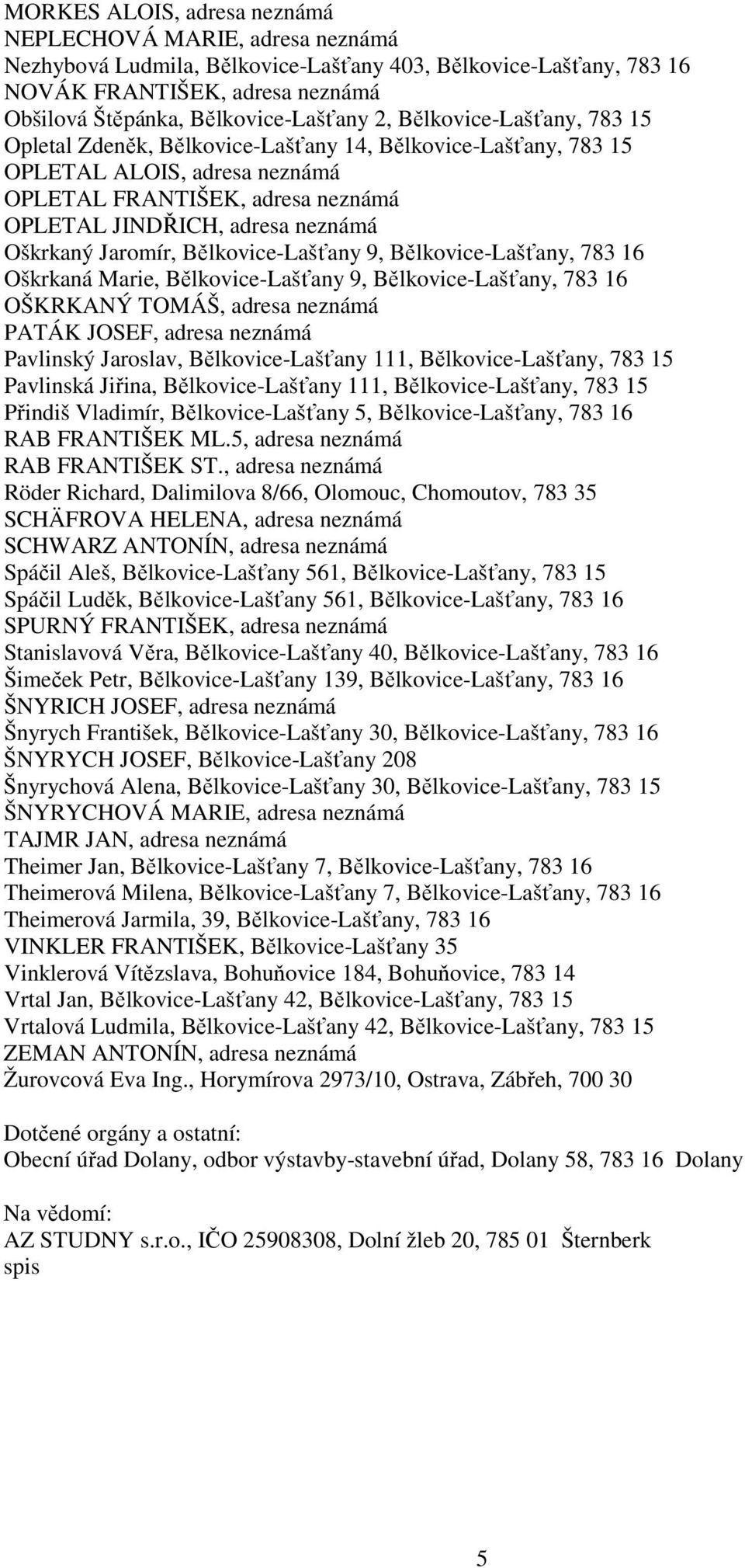 Jaromír, Bělkovice-Lašťany 9, Bělkovice-Lašťany, 783 16 Oškrkaná Marie, Bělkovice-Lašťany 9, Bělkovice-Lašťany, 783 16 OŠKRKANÝ TOMÁŠ, adresa neznámá PATÁK JOSEF, adresa neznámá Pavlinský Jaroslav,