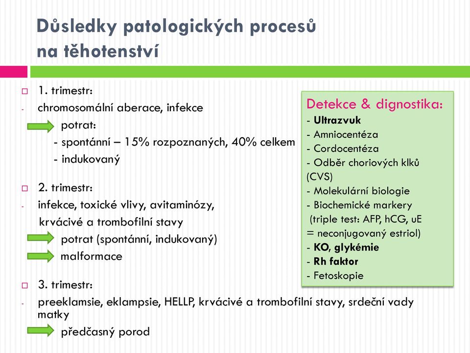 trimestr: - infekce, toxické vlivy, avitaminózy, krvácivé a trombofilní stavy potrat (spontánní, indukovaný) malformace 3.