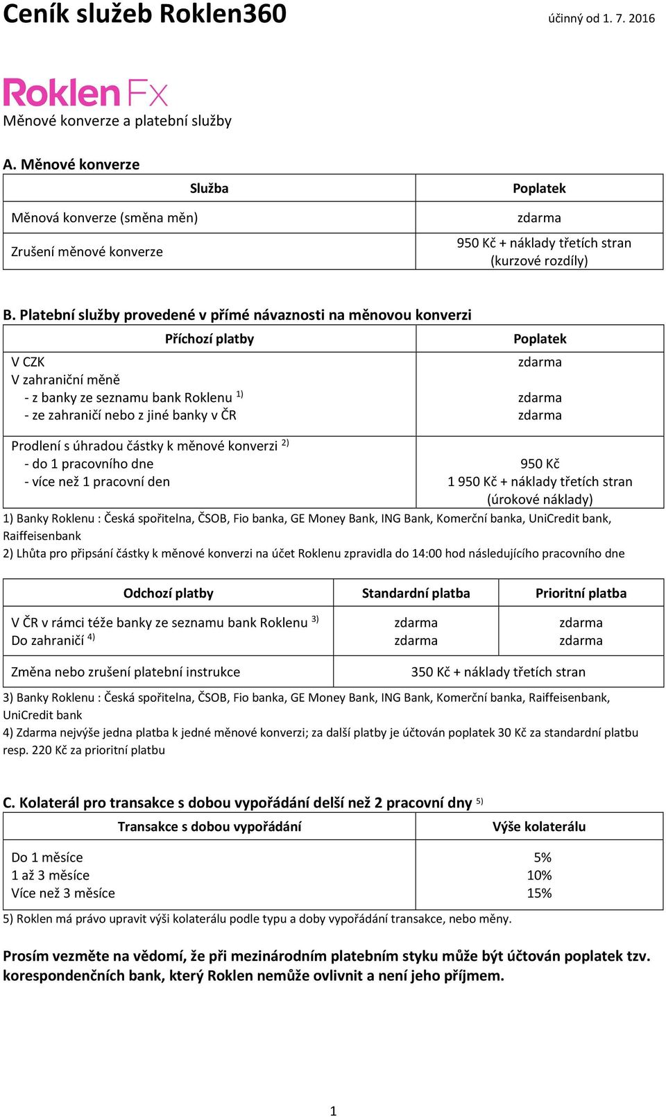 částky k měnové konverzi 2) - do 1 pracovního dne - více než 1 pracovní den 950 Kč 1 950 Kč + náklady třetích stran (úrokové náklady) 1) Banky Roklenu : Česká spořitelna, ČSOB, Fio banka, GE Money