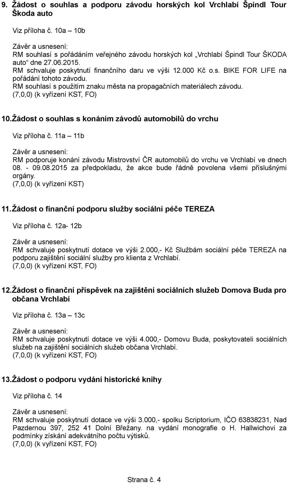 (7,0,0) (k vyřízení KST, FO) 10.Žádost o souhlas s konáním závodů automobilů do vrchu Viz příloha č. 11a 11b RM podporuje konání závodu Mistrovství ČR automobilů do vrchu ve Vrchlabí ve dnech 08.