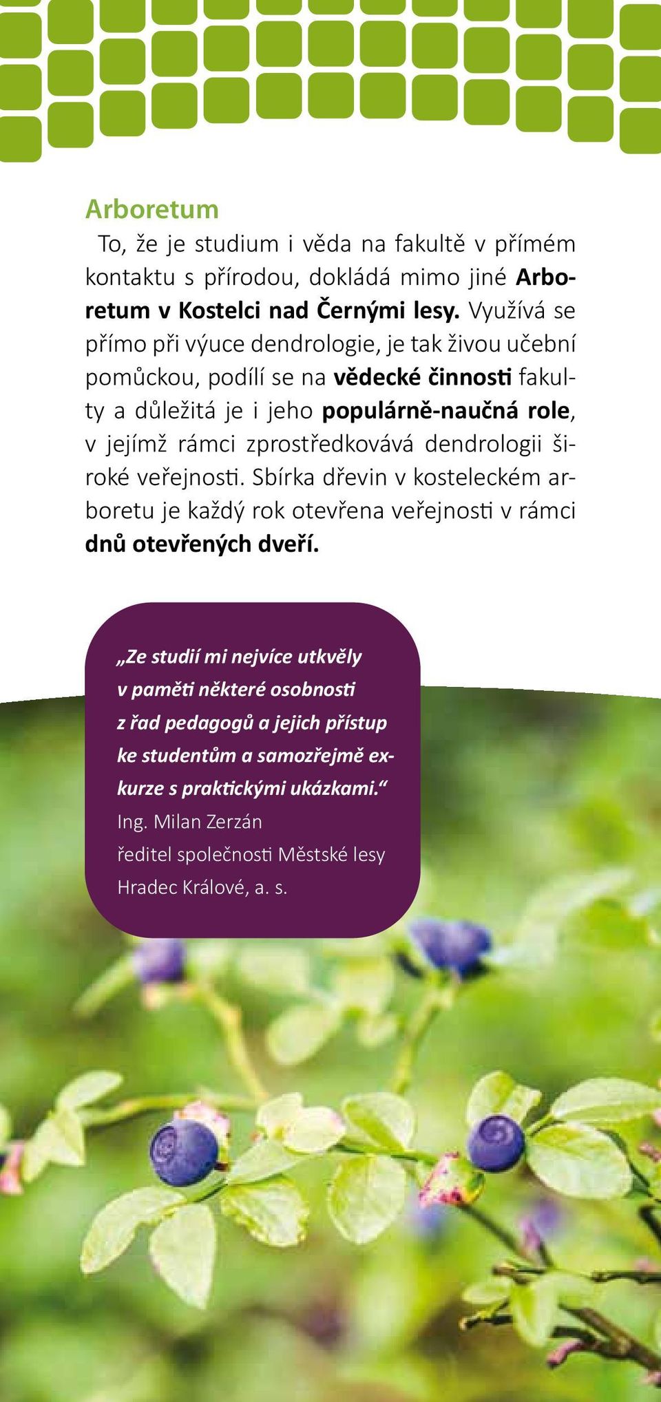 zprostředkovává dendrologii široké veřejnosti. Sbírka dřevin v kosteleckém arboretu je každý rok otevřena veřejnosti v rámci dnů otevřených dveří.