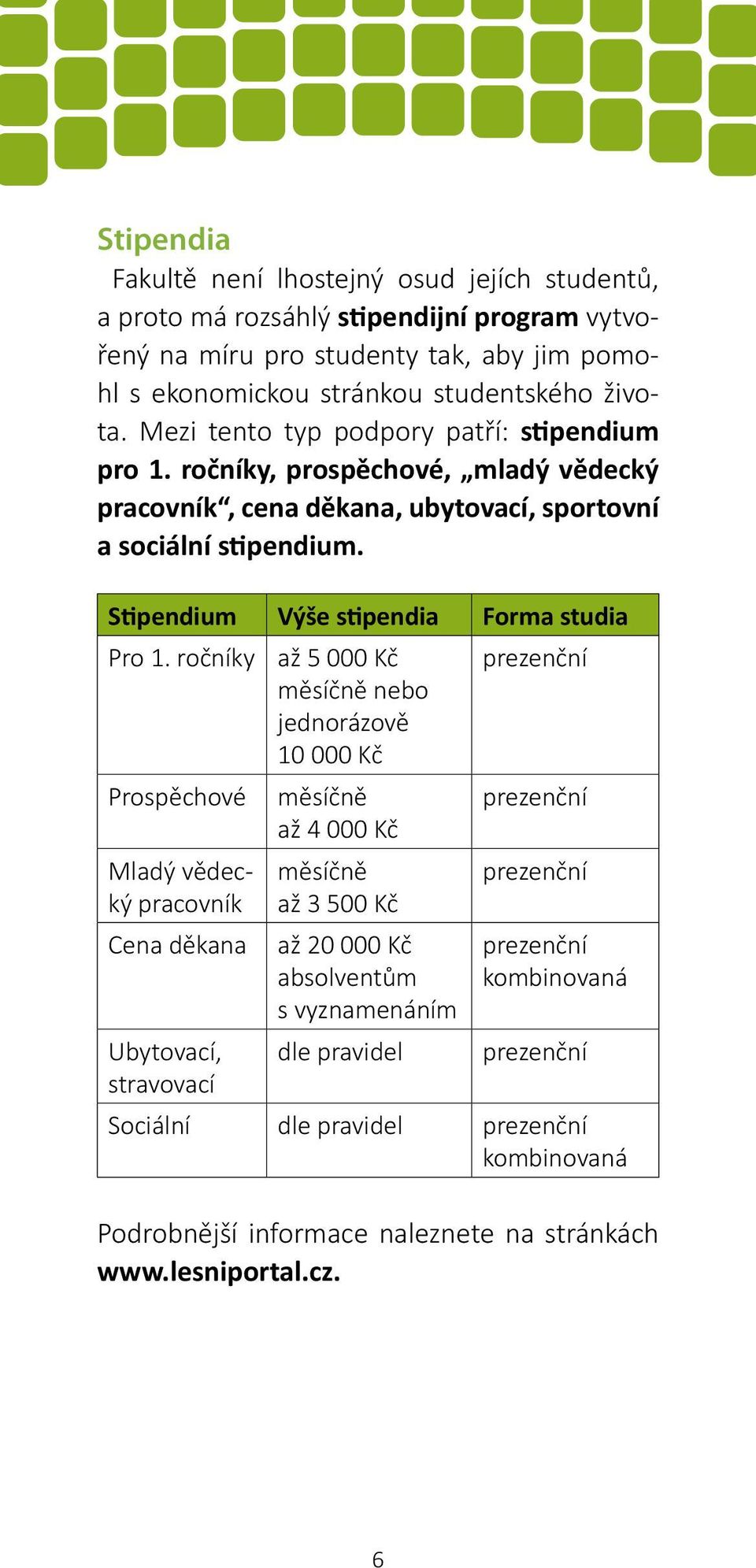 Stipendium Výše stipendia Forma studia Pro 1.