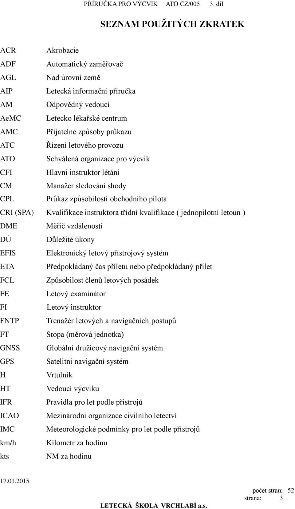 průkazu ATC Řízení letového provozu ATO Schválená organizace pro výcvik CFI Hlavní instruktor létání CM Manažer sledování shody CPL Průkaz způsobilosti obchodního pilota CRI (SPA) Kvalifikace