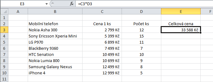 Kopírování tahem myši Znovu označíme buňku E3 ve které již máme zobrazen výsledek.