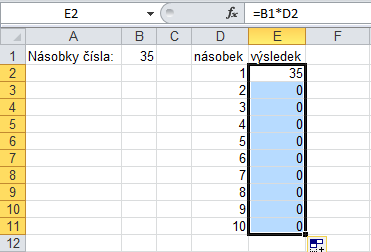 Absolutní adresování Příklad: Vytvoříme jednoduchou tabulku, která bude počítat jedna až deseti násobky čísla 35 zapsaného v buňce B1. Výsledky násobků budeme zapisovat do sloupce E.