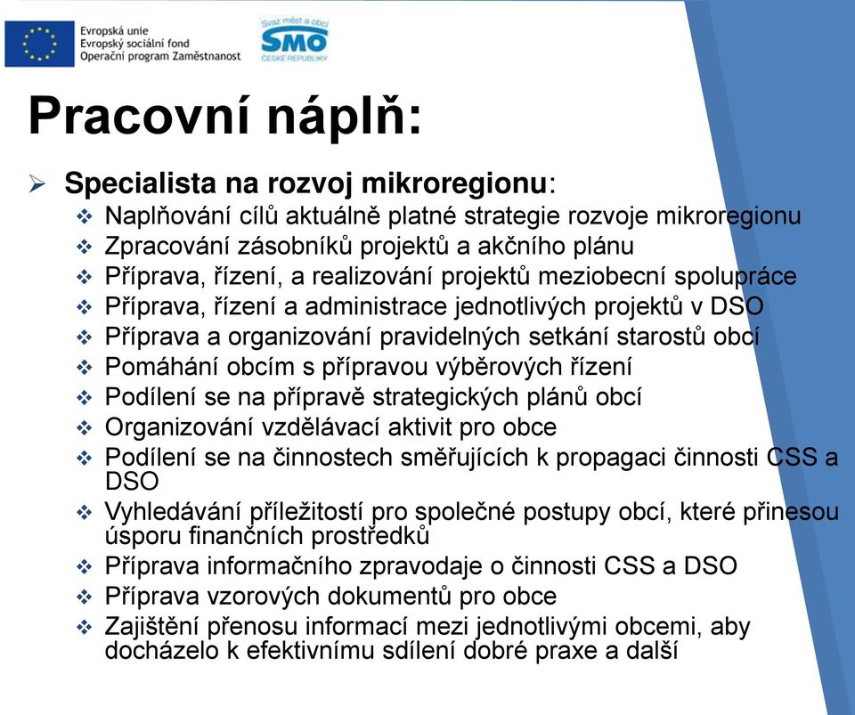 Podílení se na přípravě strategických plánů obcí Organizování vzdělávací aktivit pro obce Podílení se na činnostech směřujících k propagaci činnosti CSS a DSO Vyhledávání příležitostí pro společné