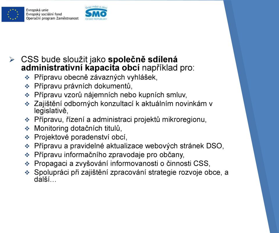 projektů mikroregionu, Monitoring dotačních titulů, Projektové poradenství obcí, Přípravu a pravidelné aktualizace webových stránek DSO, Přípravu