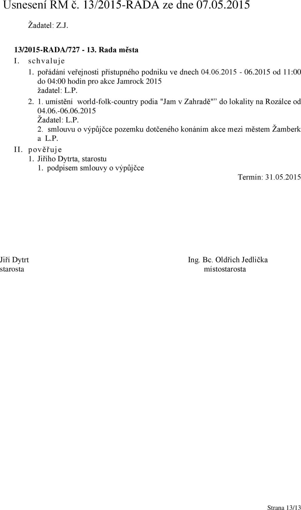 06.-06.06.2015 Žadatel: L.P. 2. smlouvu o výpůjčce pozemku dotčeného konáním akce mezi městem Žamberk a L.P. 1.