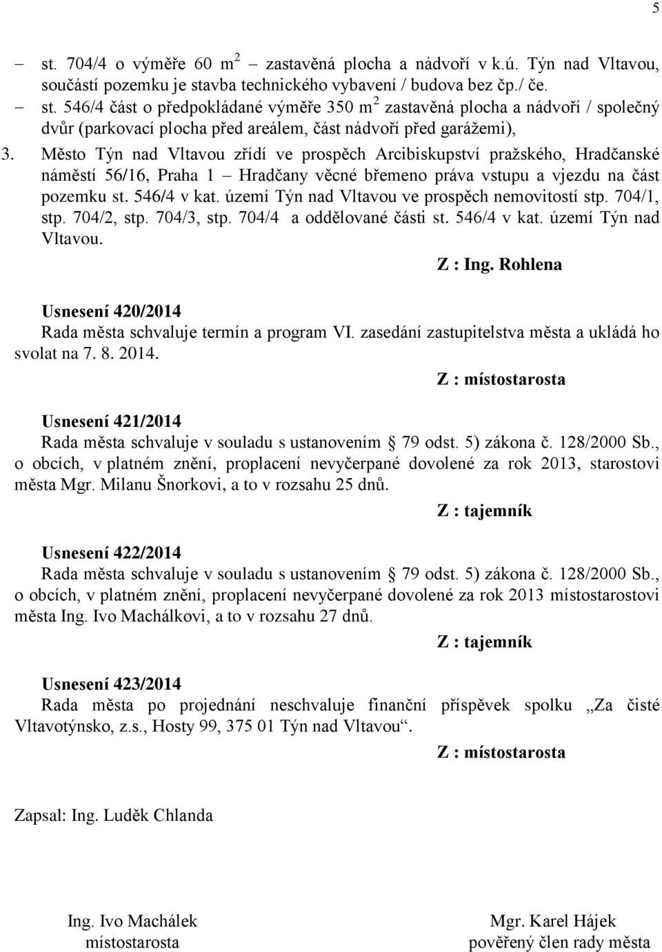 Město Týn nad Vltavou zřídí ve prospěch Arcibiskupství pražského, Hradčanské náměstí 56/16, Praha 1 Hradčany věcné břemeno práva vstupu a vjezdu na část pozemku st. 546/4 v kat.