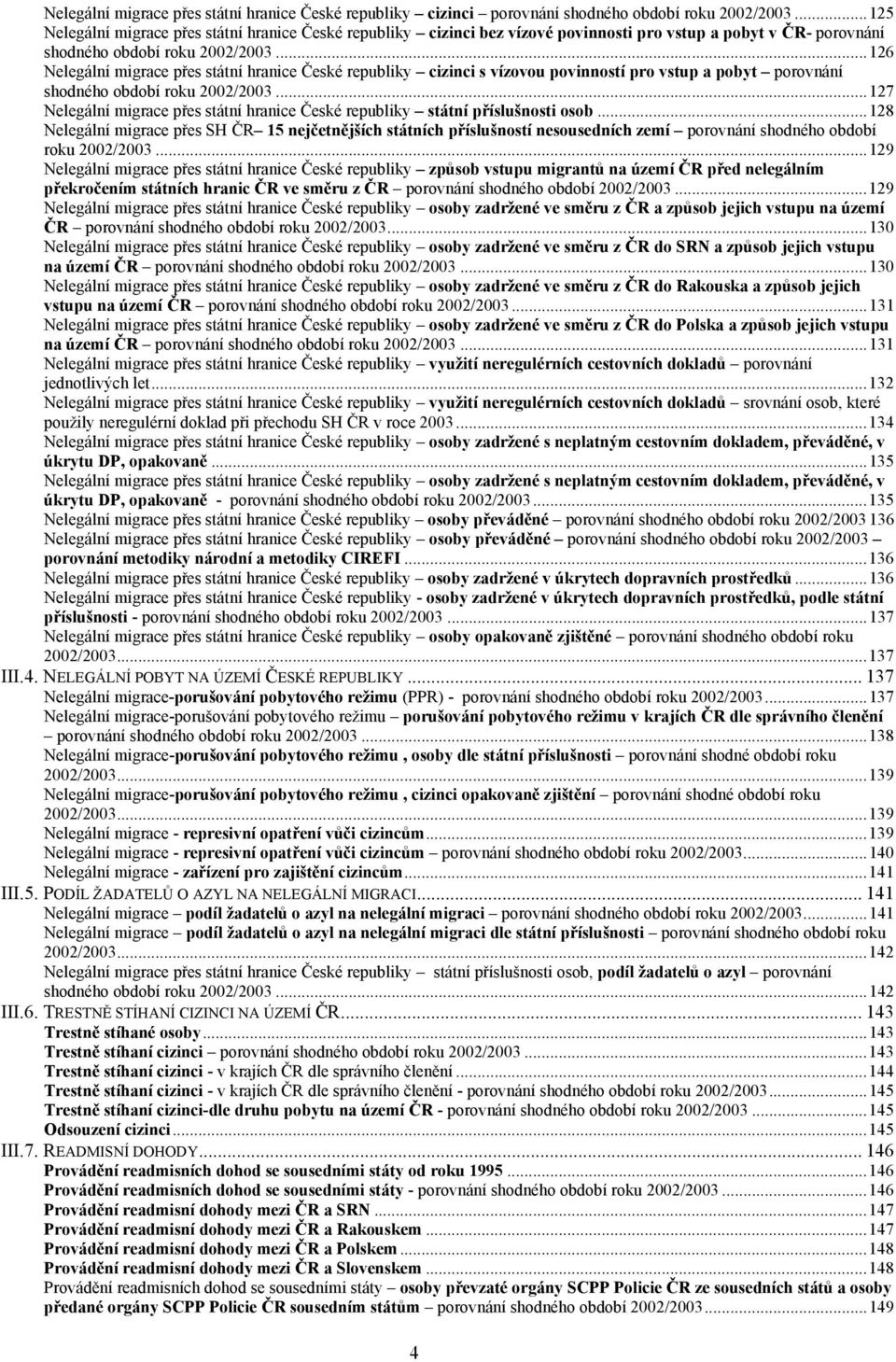 ..126 Nelegální migrace přes státní hranice České republiky cizinci s vízovou povinností pro vstup a pobyt porovnání shodného období roku 2002/2003.