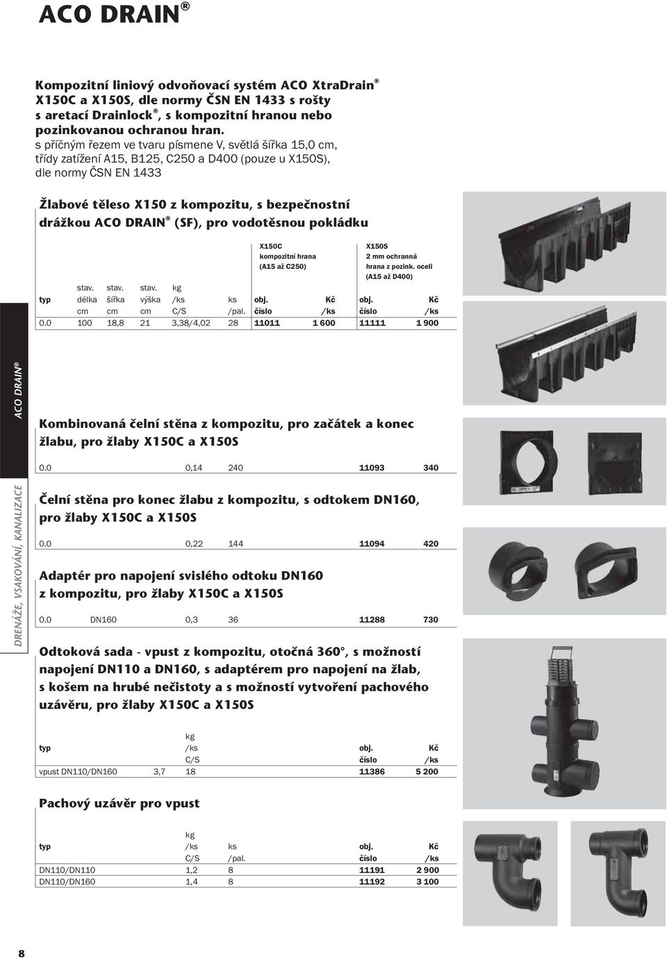 (SF), pro vodotěsnou pokládku X150C kompozitní hrana (A15 až C250) X150S 2 mm ochranná hrana z pozink. oceli (A15 až D400) kg typ délka šířka výška / Kč Kč C/S /pal. / / 0.