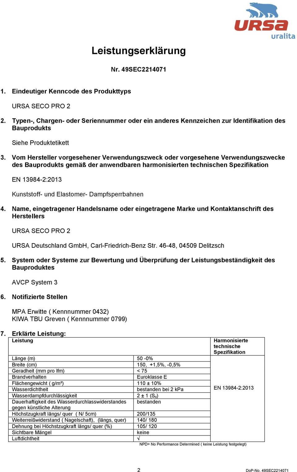 Vom Hersteller vorgesehener Verwendungszweck oder vorgesehene Verwendungszwecke des Bauprodukts gemäß der anwendbaren harmonisierten technischen Spezifikation Kunststoff- und Elastomer-