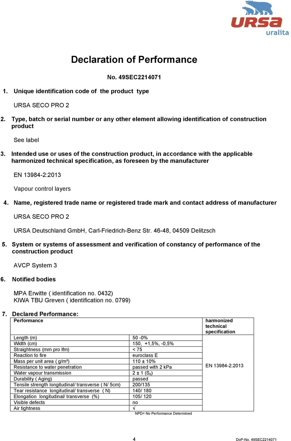 Intended use or uses of the construction product, in accordance with the applicable harmonized technical specification, as foreseen by the manufacturer Vapour control layers 4.