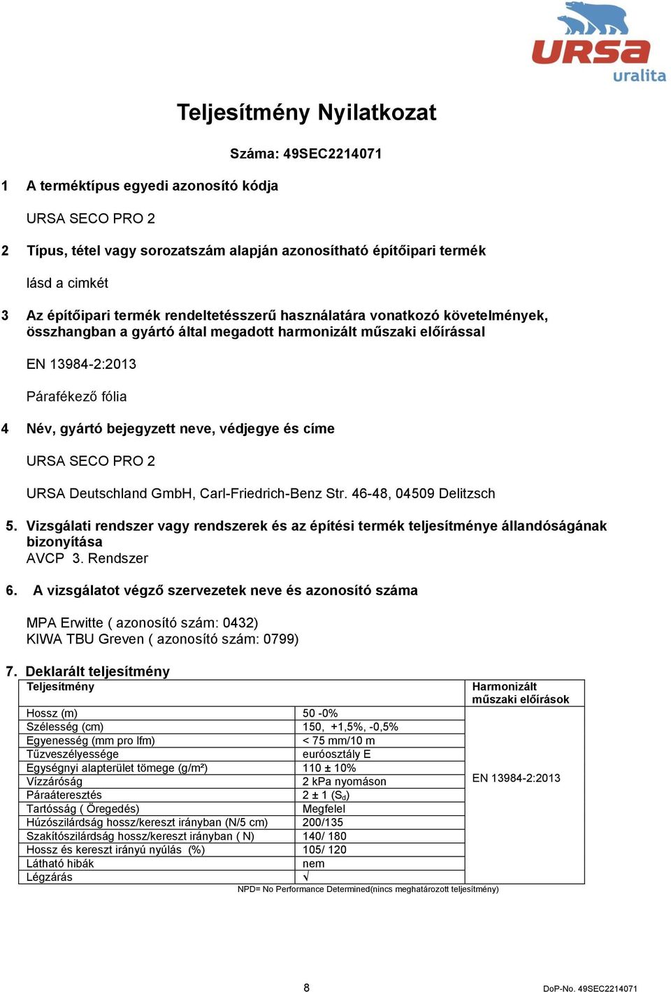 Deutschland GmbH, Carl-Friedrich-Benz Str. 46-48, 04509 Delitzsch 5. Vizsgálati rendszer vagy rendszerek és az építési termék teljesítménye állandóságának bizonyítása AVCP 3. Rendszer 6.