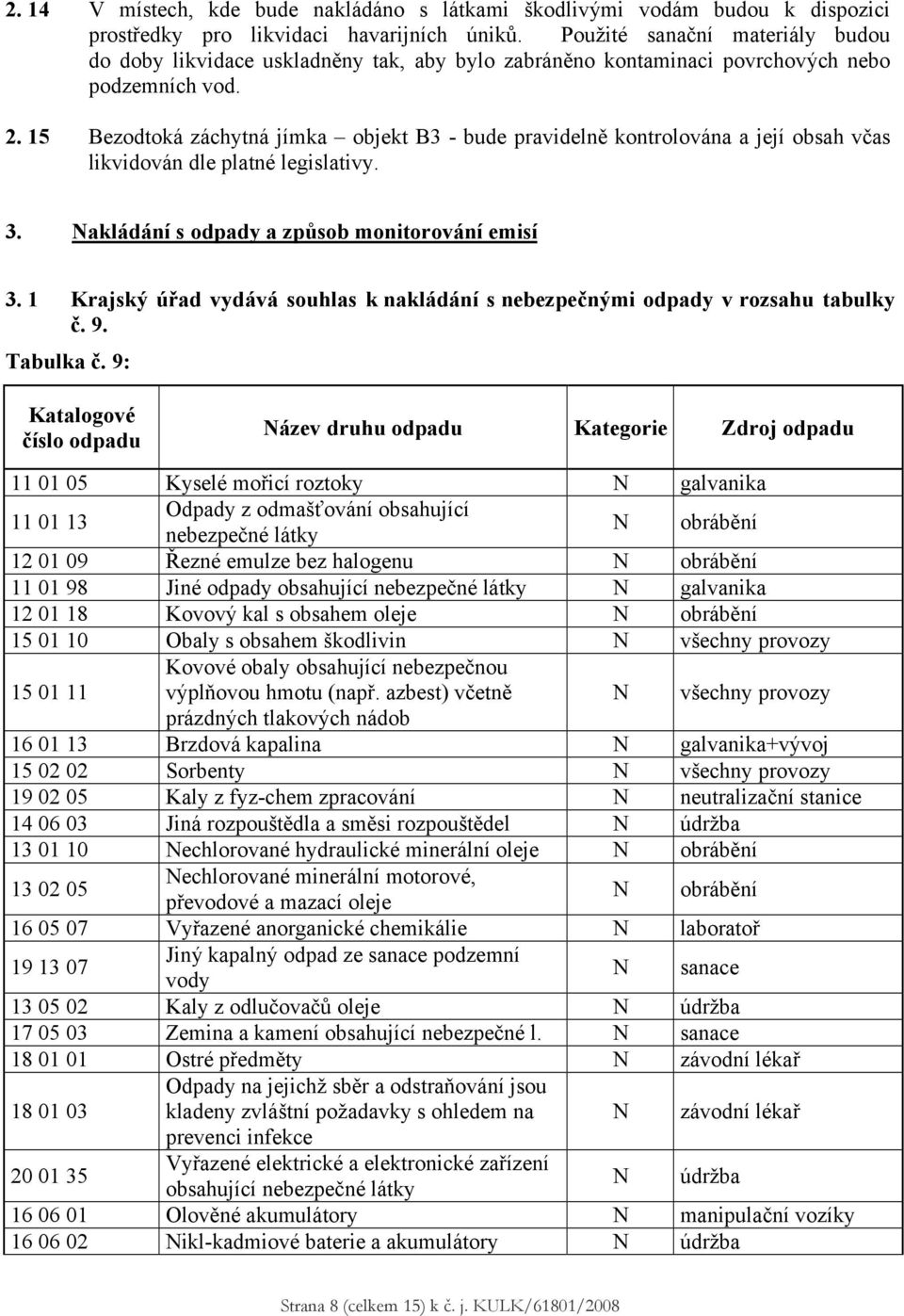 15 Bezodtoká záchytná jímka objekt B3 - bude pravidelně kontrolována a její obsah včas likvidován dle platné legislativy. 3. Nakládání s odpady a způsob monitorování emisí 3.