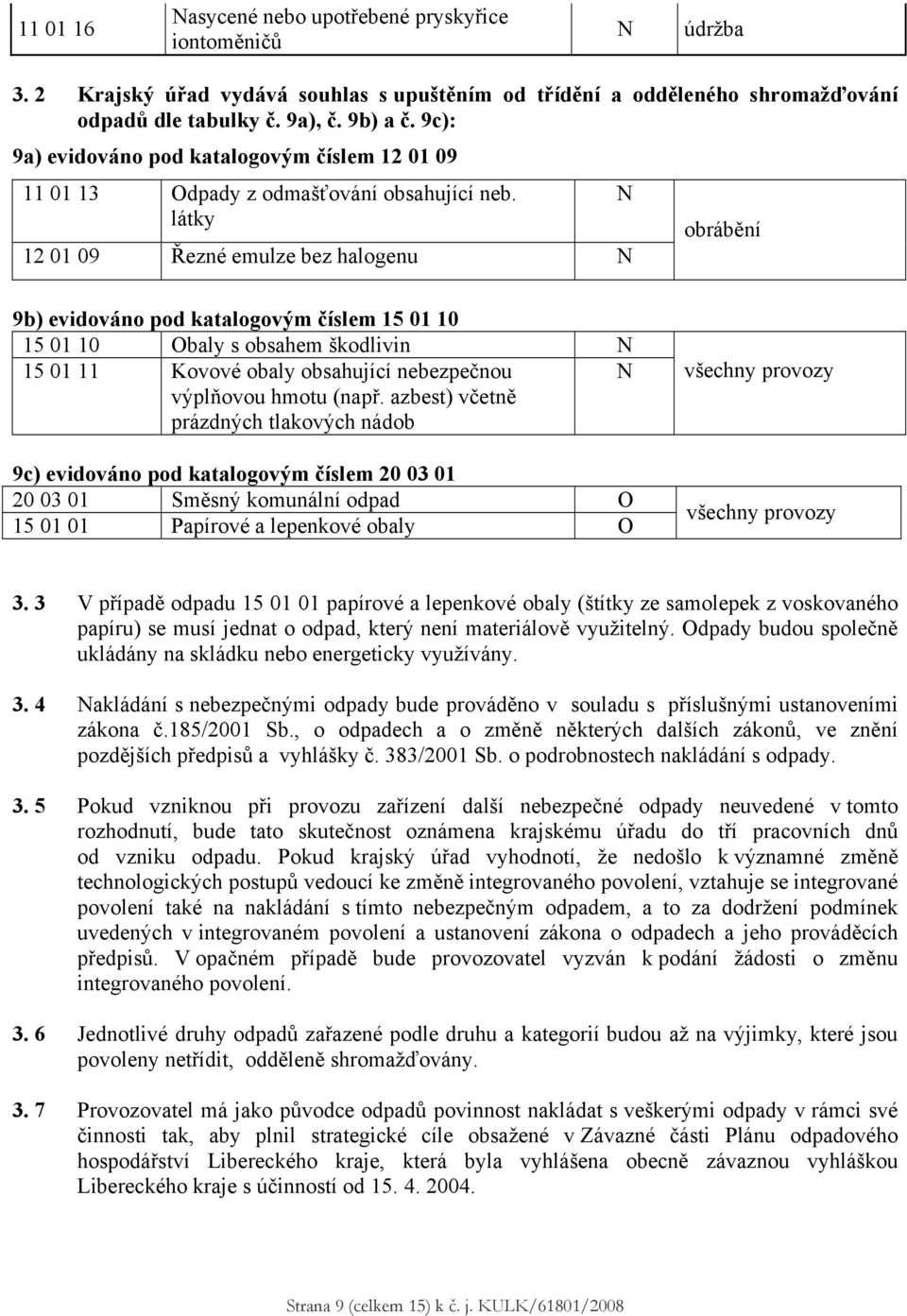 látky 12 01 09 Řezné emulze bez halogenu N N obrábění 9b) evidováno pod katalogovým číslem 15 01 10 15 01 10 Obaly s obsahem škodlivin N 15 01 11 Kovové obaly obsahující nebezpečnou výplňovou hmotu