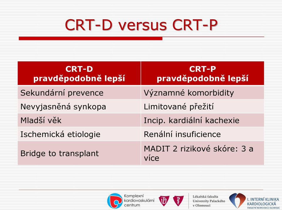 transplant CRT-P pravděpodobně lepší Významné komorbidity Limitované