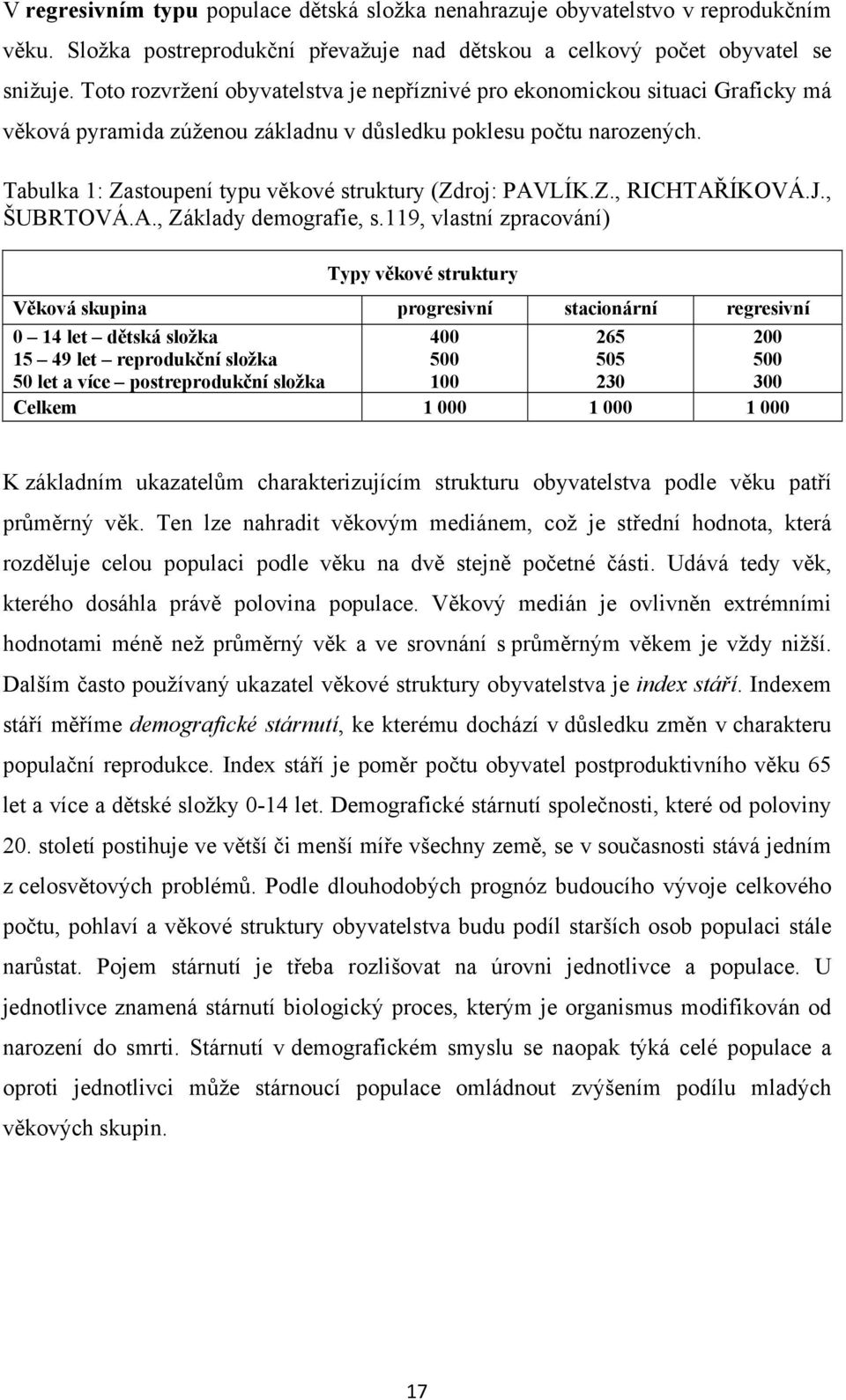 Tabulka : Zastoupení typu věkové struktury (Zdroj: PAVLÍK.Z., RICHTAŘÍKOVÁ.J., ŠUBRTOVÁ.A., Základy demografie, s.