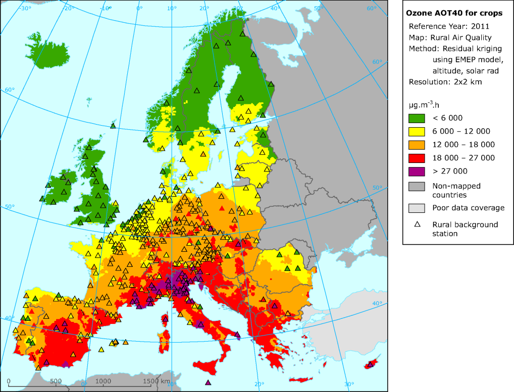 Obr. 2 : Pole hodnot indexu AOT40 v Evropě [μg.m -3.