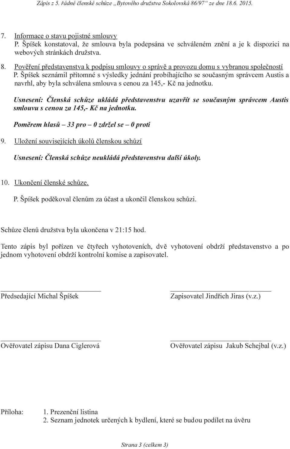 Špíšek seznámil přítomné s výsledky jednání probíhajícího se současným správcem Austis a navrhl, aby byla schválena smlouva s cenou za 145,- Kč na jednotku.