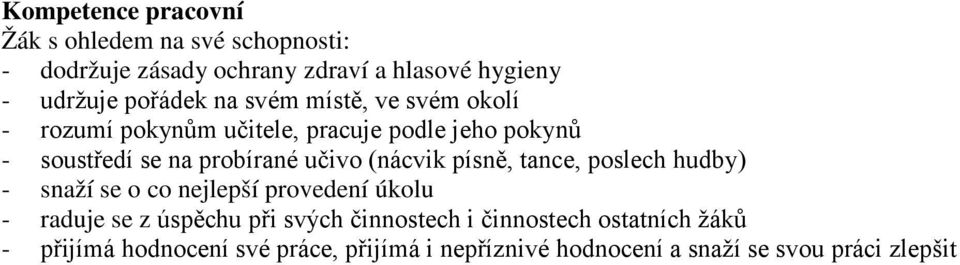 písně, tance, poslech hudby) - snaží se o co nejlepší provedení úkolu - raduje se z úspěchu při svých