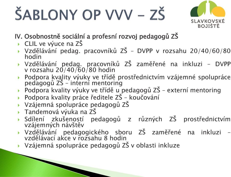 kvality výuky ve třídě u pedagogů ZŠ externí mentoring Podpora kvality práce ředitele ZŠ koučování Vzájemná spolupráce pedagogů ZŠ Tandemová výuka na ZŠ Sdílení zkušeností