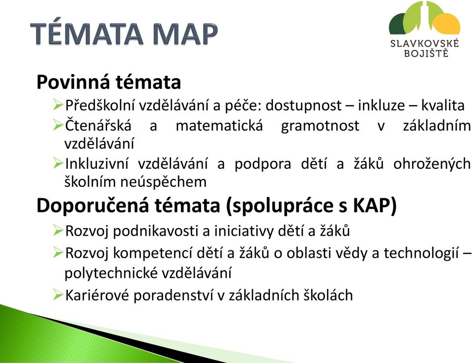 neúspěchem Doporučená témata (spolupráce s KAP) Rozvoj podnikavosti a iniciativy dětí a žáků Rozvoj