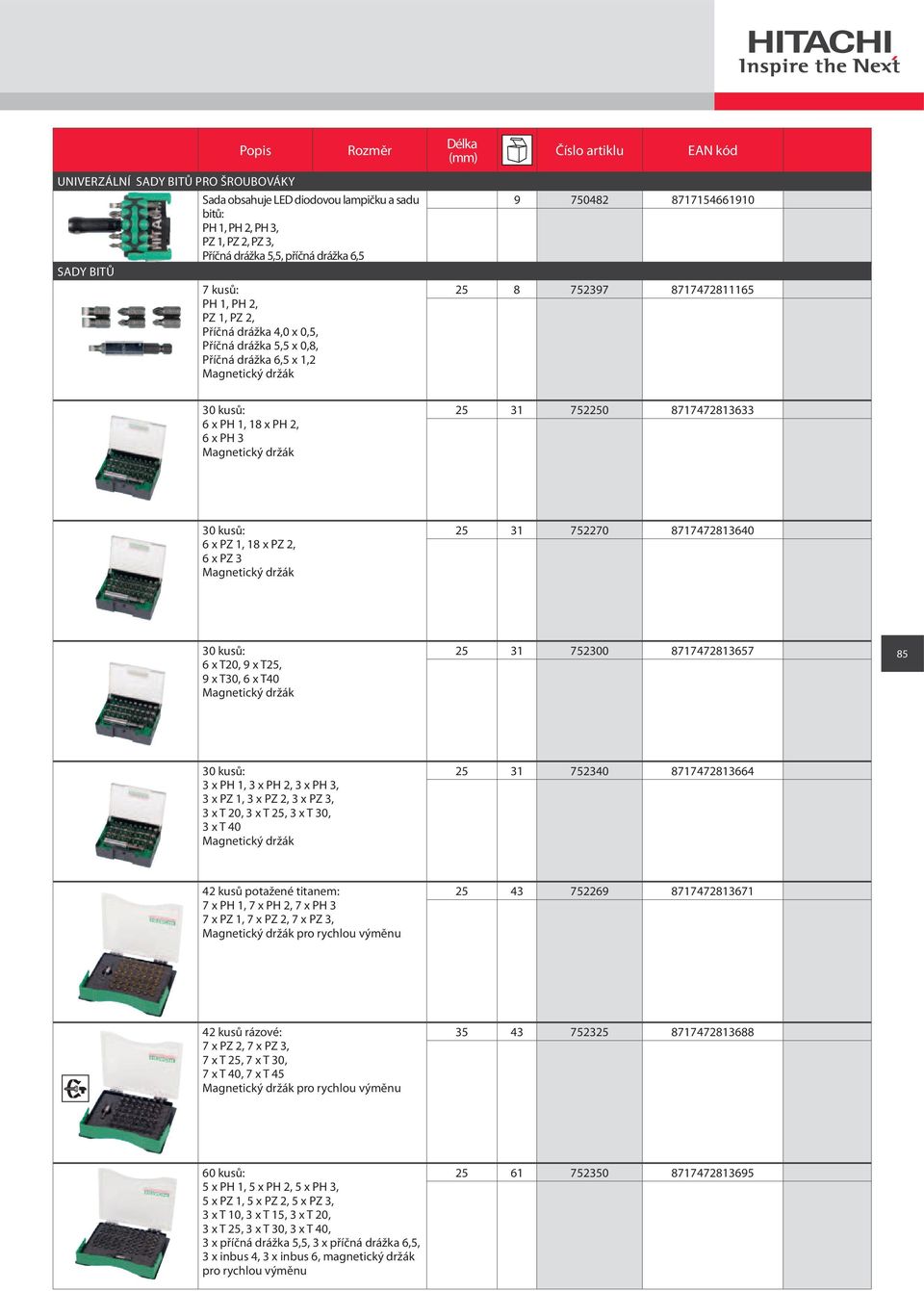 Magnetický držák 25 31 752250 8717472813633 30 kusů: 6 x PZ 1, 18 x PZ 2, 6 x PZ 3 Magnetický držák 25 31 752270 8717472813640 30 kusů: 6 x T20, 9 x T25, 9 x T30, 6 x T40 Magnetický držák 25 31