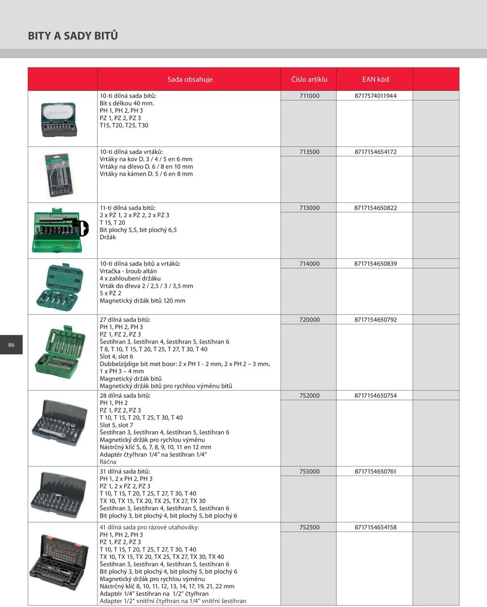 5 / 6 en 8 mm 713500 8717154654172 11-ti dílná sada bitů: 2 x PZ 1, 2 x PZ 2, 2 x PZ 3 T 15, T 20 Bit plochý 5,5, bit plochý 6,5 Držák 713000 8717154650822 10-ti dílná sada bitů a vrtáků: Vrtačka -