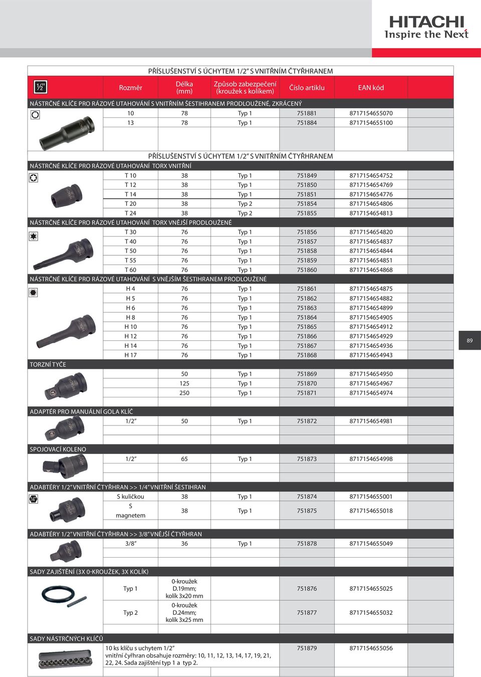 1 751850 8717154654769 T 14 38 Typ 1 751851 8717154654776 T 20 38 Typ 2 751854 8717154654806 T 24 38 Typ 2 751855 8717154654813 NÁSTRČNÉ KLÍČE PRO RÁZOVÉ UTAHOVÁNÍ TORX VNĚJŠÍ PRODLOUŽENÉ T 30 76 Typ