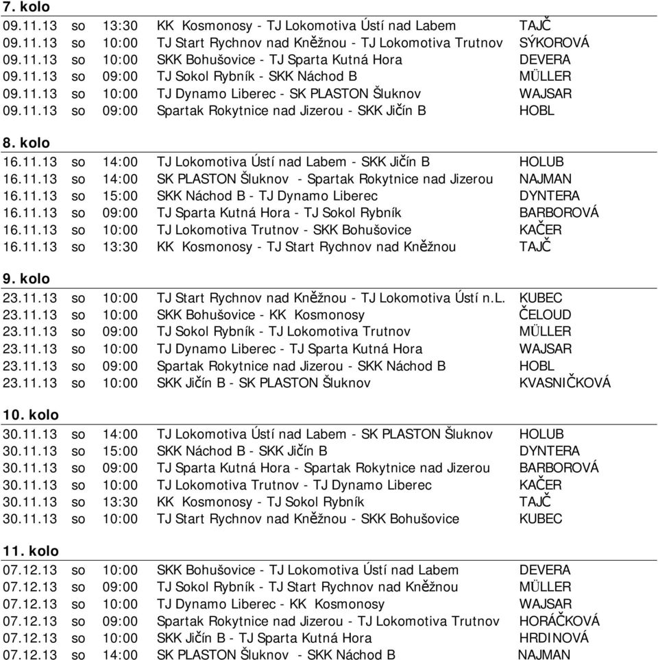 11.13 so 14:00 SK PLASTON Šluknov - Spartak Rokytnice nad Jizerou NAJMAN 16.11.13 so 15:00 SKK Náchod B - TJ Dynamo Liberec DYNTERA 16.11.13 so 09:00 TJ Sparta Kutná Hora - TJ Sokol Rybník BARBOROVÁ 16.