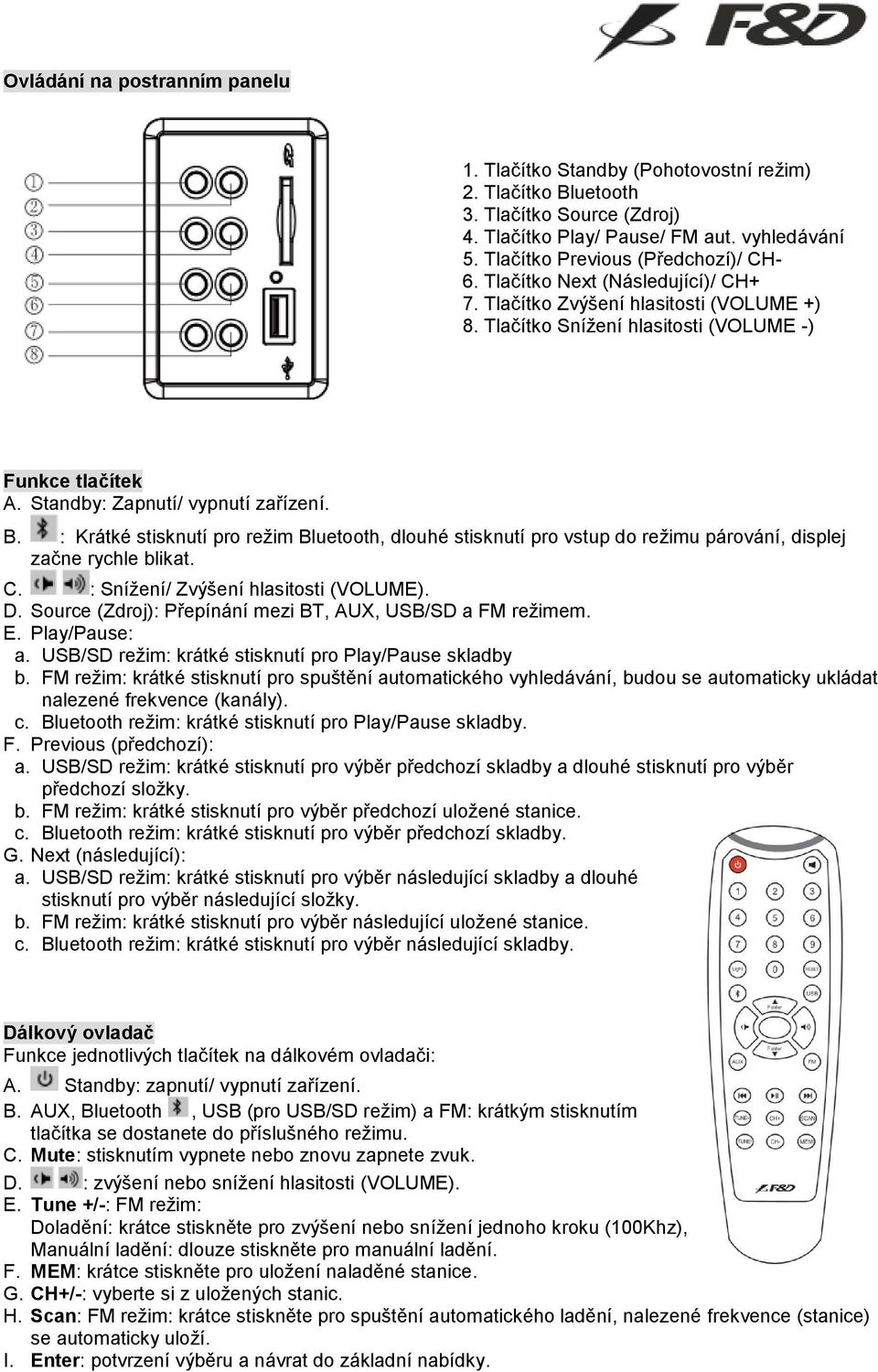 Standby: Zapnutí/ vypnutí zařízení. B. : Krátké stisknutí pro režim Bluetooth, dlouhé stisknutí pro vstup do režimu párování, displej začne rychle blikat. C. : Snížení/ Zvýšení hlasitosti (VOLUME). D.