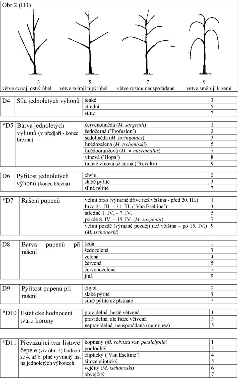 micromalus) 7 vínová ( Hopa ) 8 tmavě vínová až černá ( Royalty) 9 D6 Pýřitost jednoletých výhonů (konec března) chybí 0 slabě pýřité 3 silně pýřité 7 *D7 Rašení pupenů D8 Barva pupenů při rašení