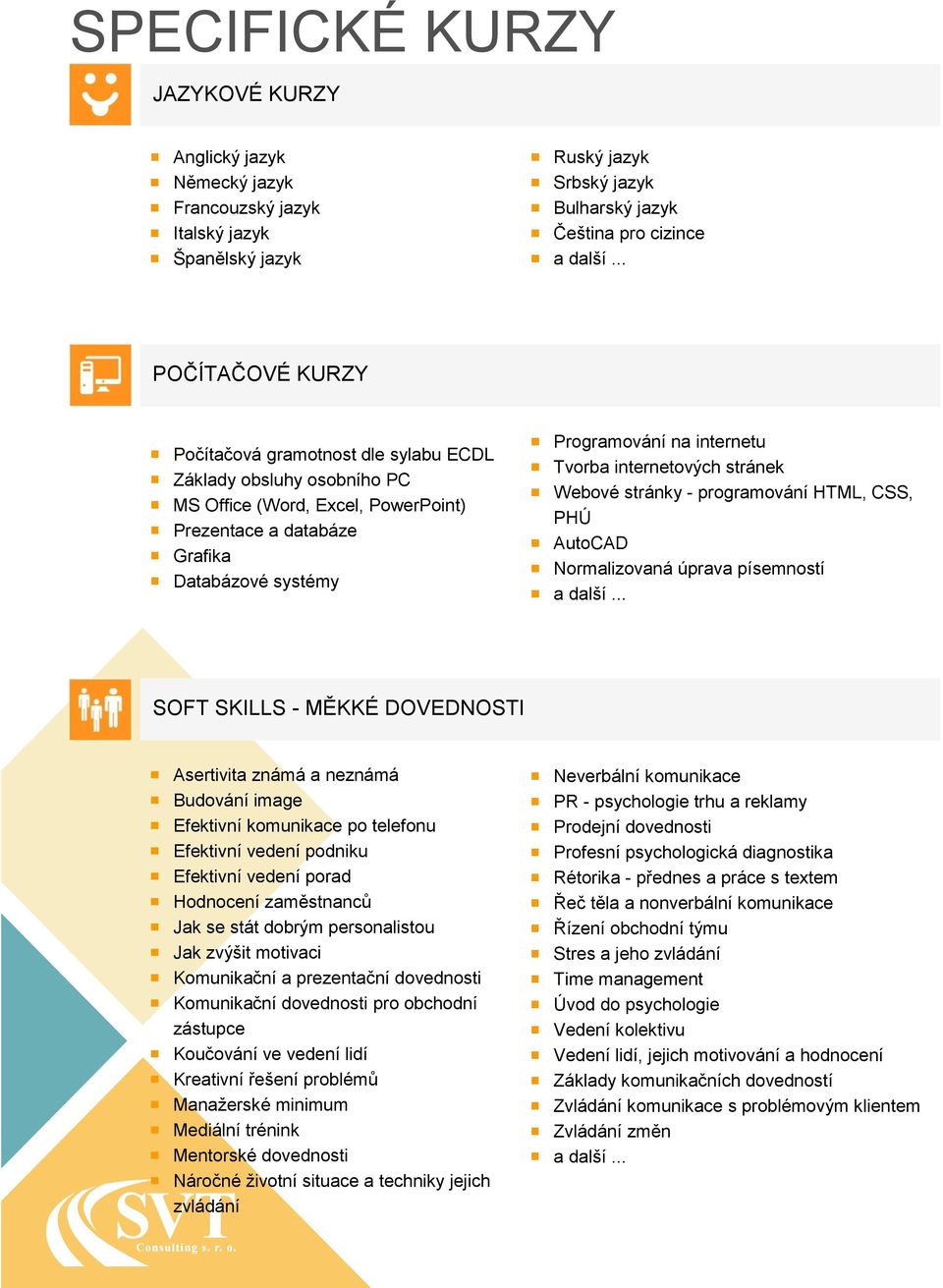 Webové stránky - programování HTML, CSS, PHÚ AutoCAD Normalizovaná úprava písemností SOFT SKILLS - MĚKKÉ DOVEDNOSTI Asertivita známá a neznámá Budování image Efektivní komunikace po telefonu