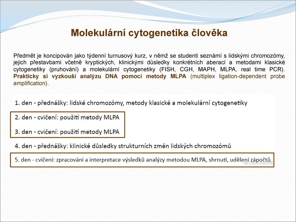 aberací a metodami klasické cytogenetiky (pruhování) a molekulární cytogenetiky (FISH, CGH, MAPH, MLPA,