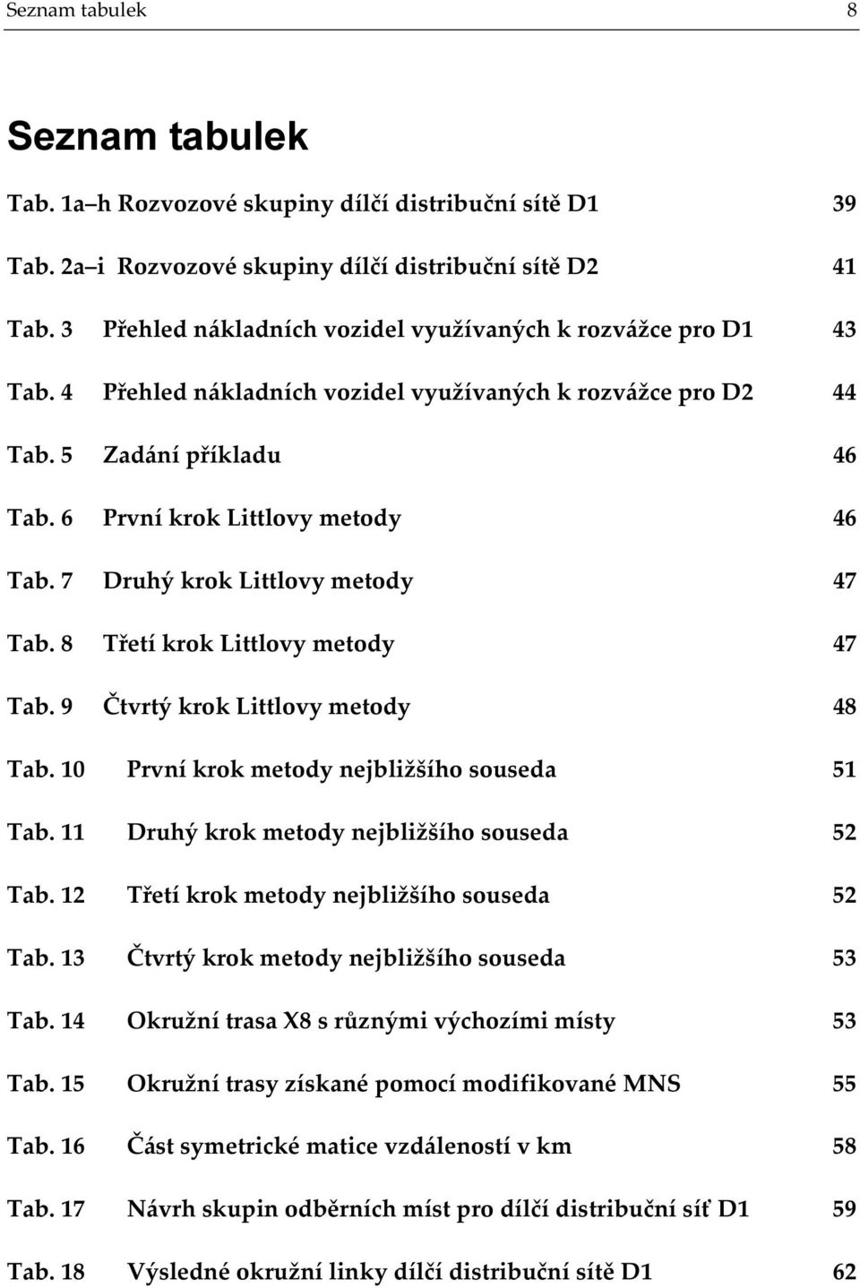 7 Druhý krok Littlovy metody 47 Tab. 8 Třetí krok Littlovy metody 47 Tab. 9 Čtvrtý krok Littlovy metody 48 Tab. 10 První krok metody nejbližšího souseda 51 Tab.