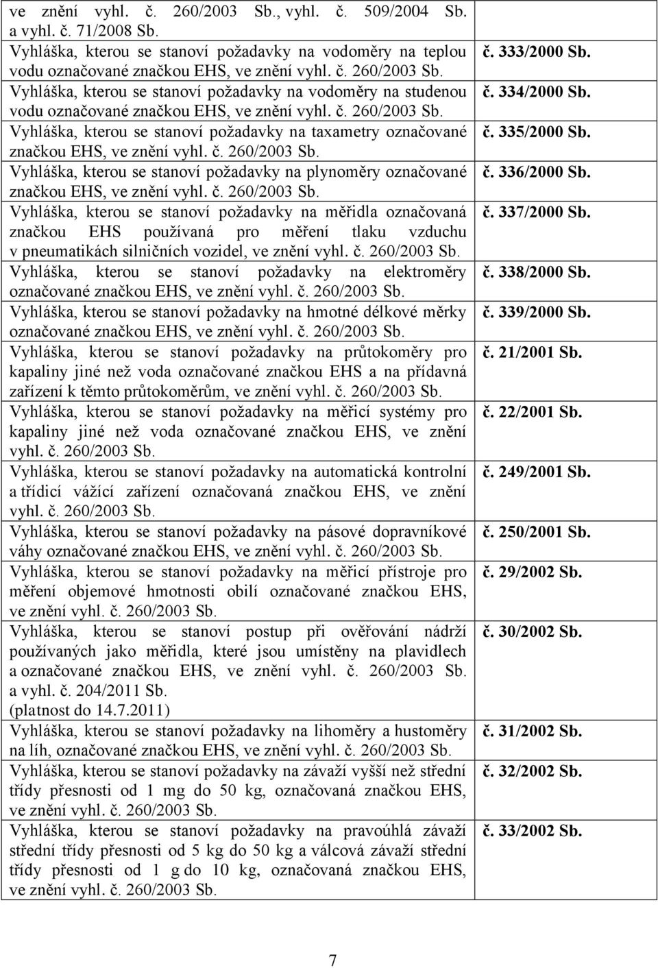 260/2003 Vyhláška, kterou se stanoví požadavky na plynoměry označované značkou EHS, ve znění vyhl. č.