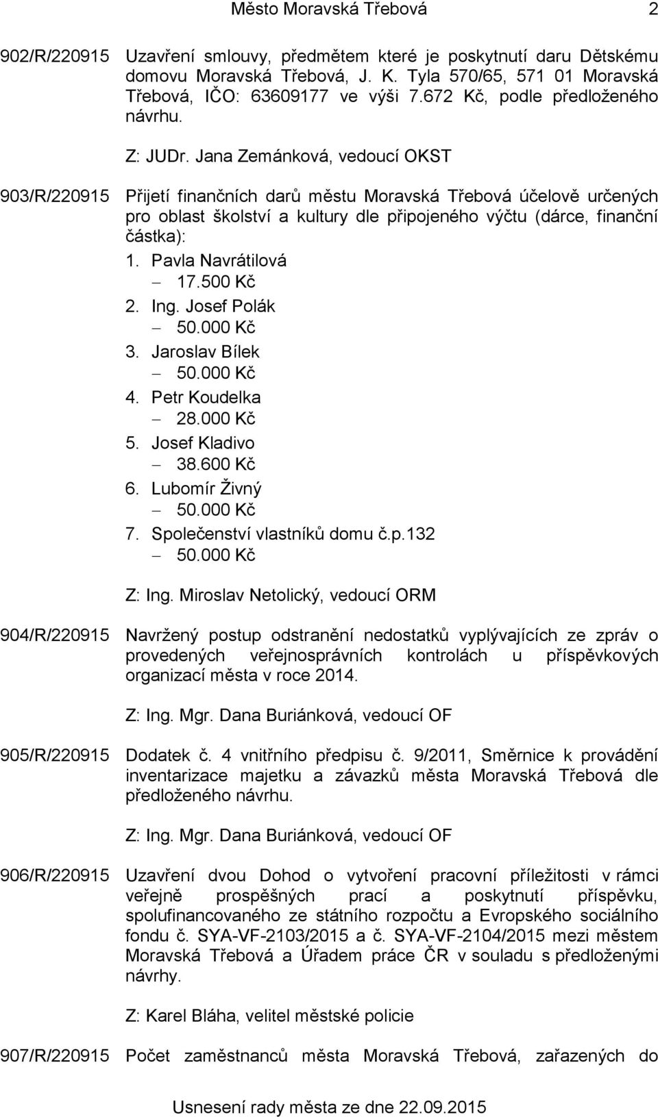 Jana Zemánková, vedoucí OKST 903/R/220915 Přijetí finančních darů městu Moravská Třebová účelově určených pro oblast školství a kultury dle připojeného výčtu (dárce, finanční částka): 1.