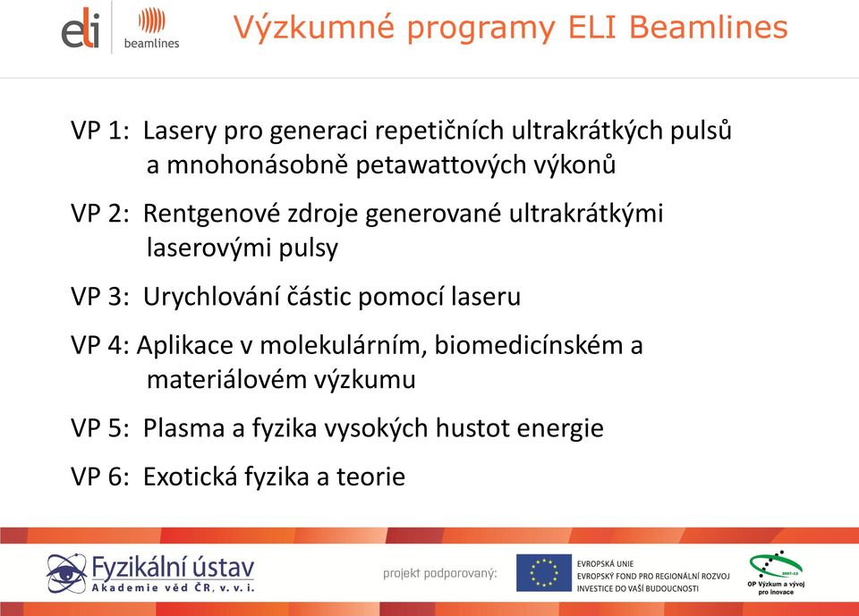 pulsy VP 3: Urychlování částic pomocí laseru VP 4: Aplikace v molekulárním, biomedicínském a