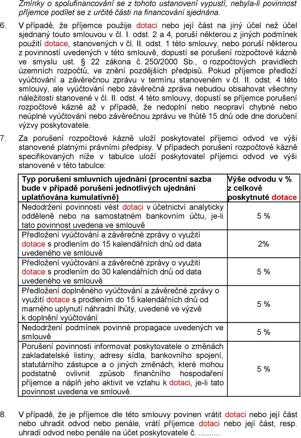 2 a 4, poruší některou z jiných podmínek použití dotace, stanovených v čl. II. odst.