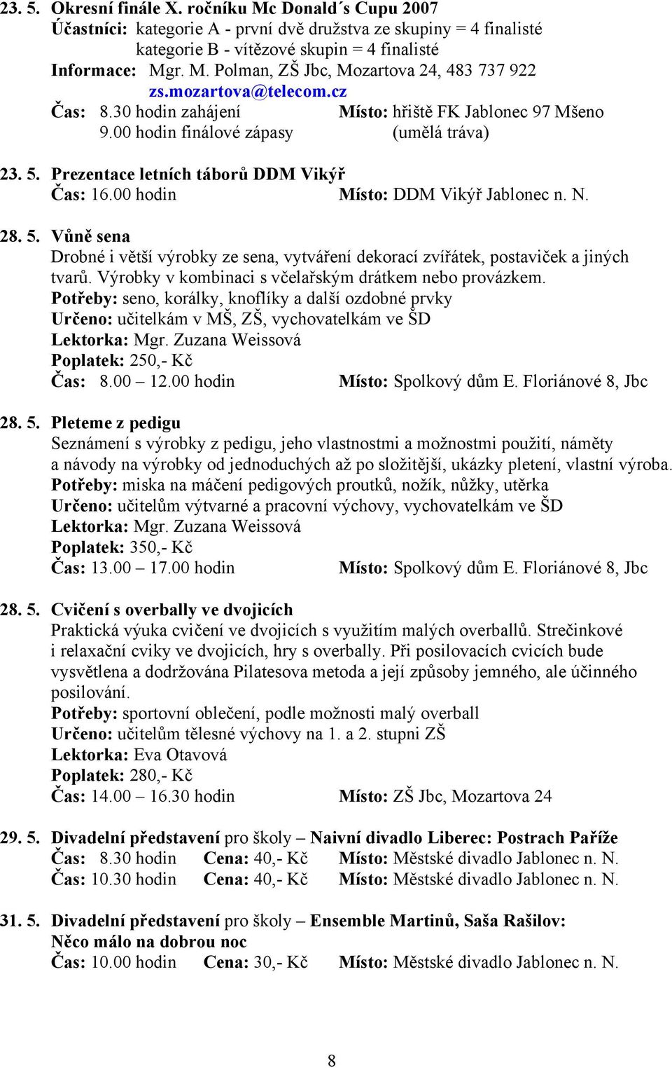 00 hodin Místo: DDM Vikýř Jablonec n. N. 28. 5. Vůně sena Drobné i větší výrobky ze sena, vytváření dekorací zvířátek, postaviček a jiných tvarů.