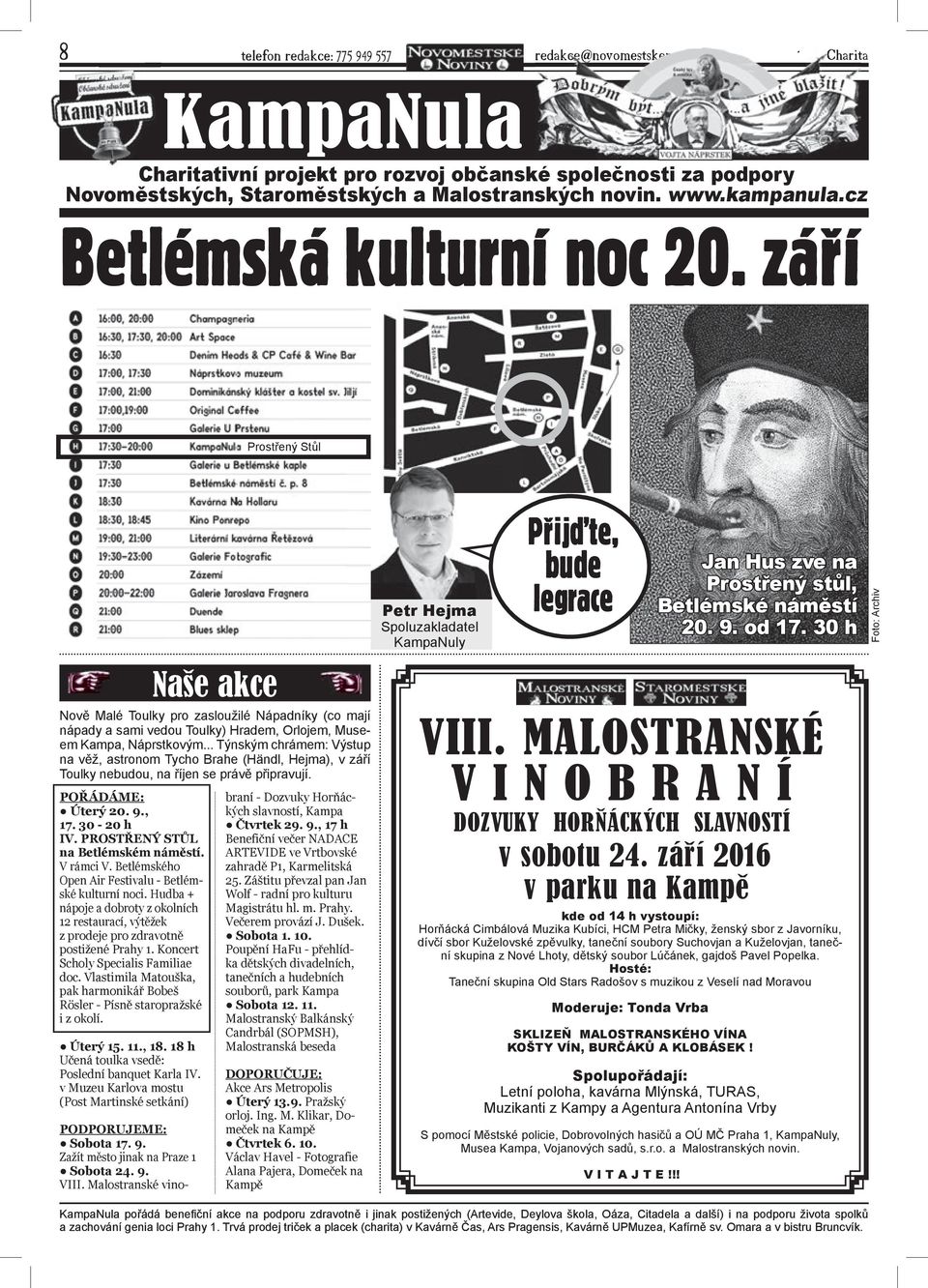 září Prostřený Stůl Naše akce Nově Malé Toulky pro zasloužilé Nápadníky (co mají nápady a sami vedou Toulky) Hradem, Orlojem, Museem Kampa, Náprstkovým.