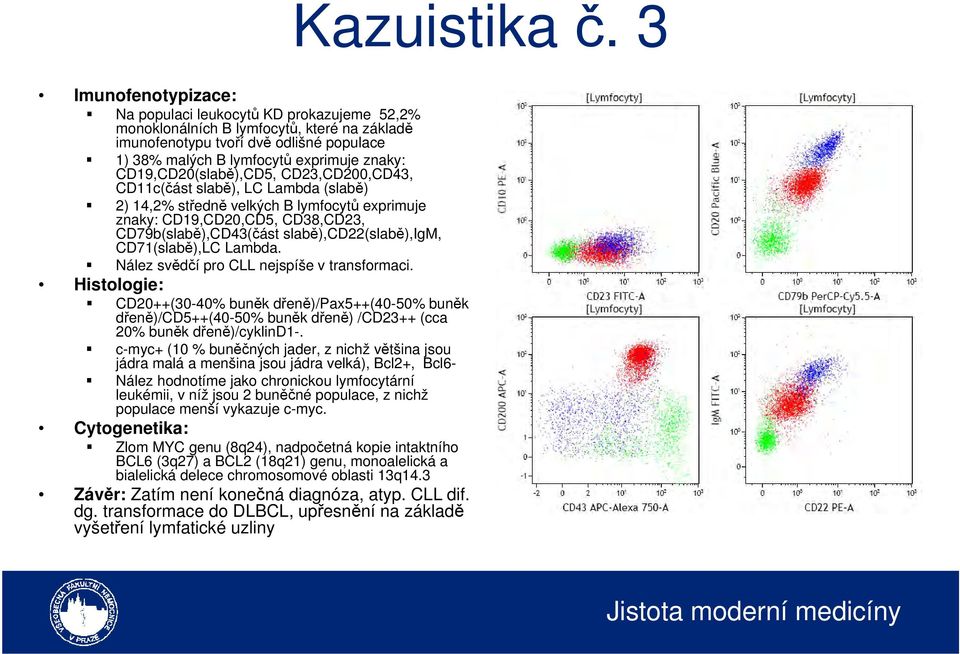 CD23,CD200,CD43, CD11c(část slabě), LC Lambda (slabě) 2) 14,2% středně velkých B lymfocytů exprimuje znaky: CD19,CD20,CD5, CD38,CD23, CD79b(slabě),CD43(část slabě),cd22(slabě),igm, CD71(slabě),LC