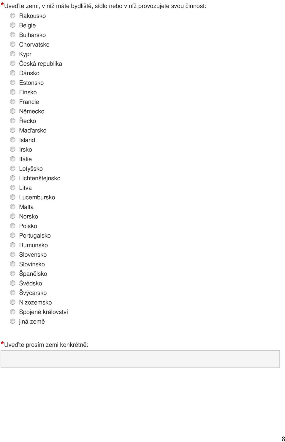 Itálie Lotyšsko Lichtenštejnsko Litva Lucembursko Malta Norsko Polsko Portugalsko Rumunsko Slovensko