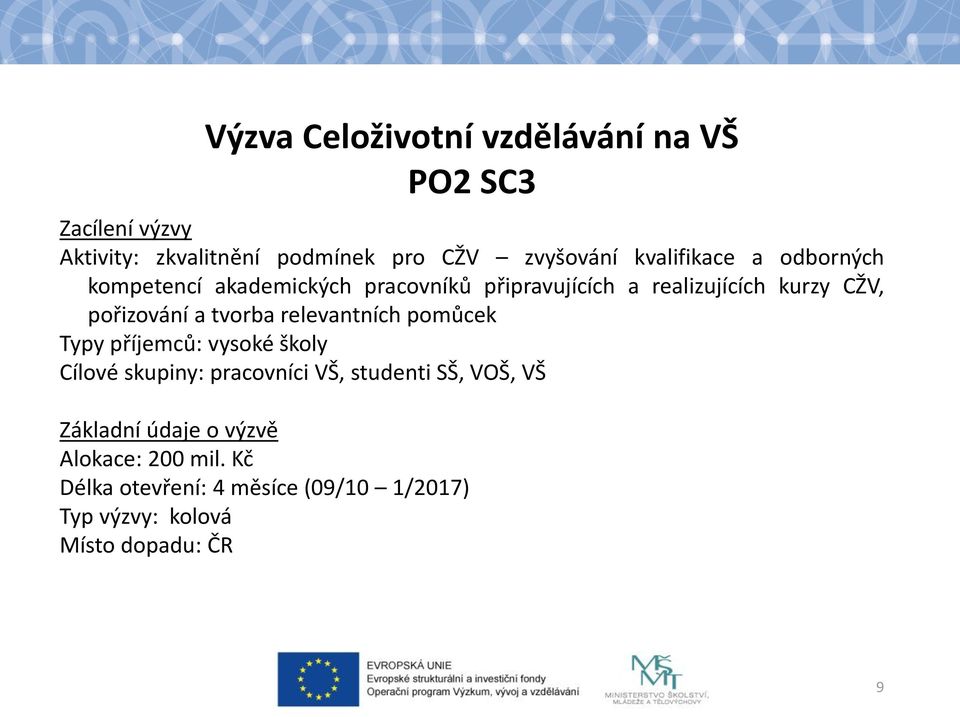 pořizování a tvorba relevantních pomůcek Typy příjemců: vysoké školy Cílové skupiny: pracovníci VŠ,