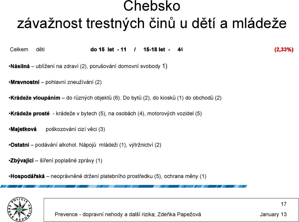 Do bytů (2), do kiosků (1) do obchodů (2) Kr Kráde deže e prosté - krádeže v bytech (5), na osobách (4), motorových vozidel (5) Majetkov Majetková poškozování