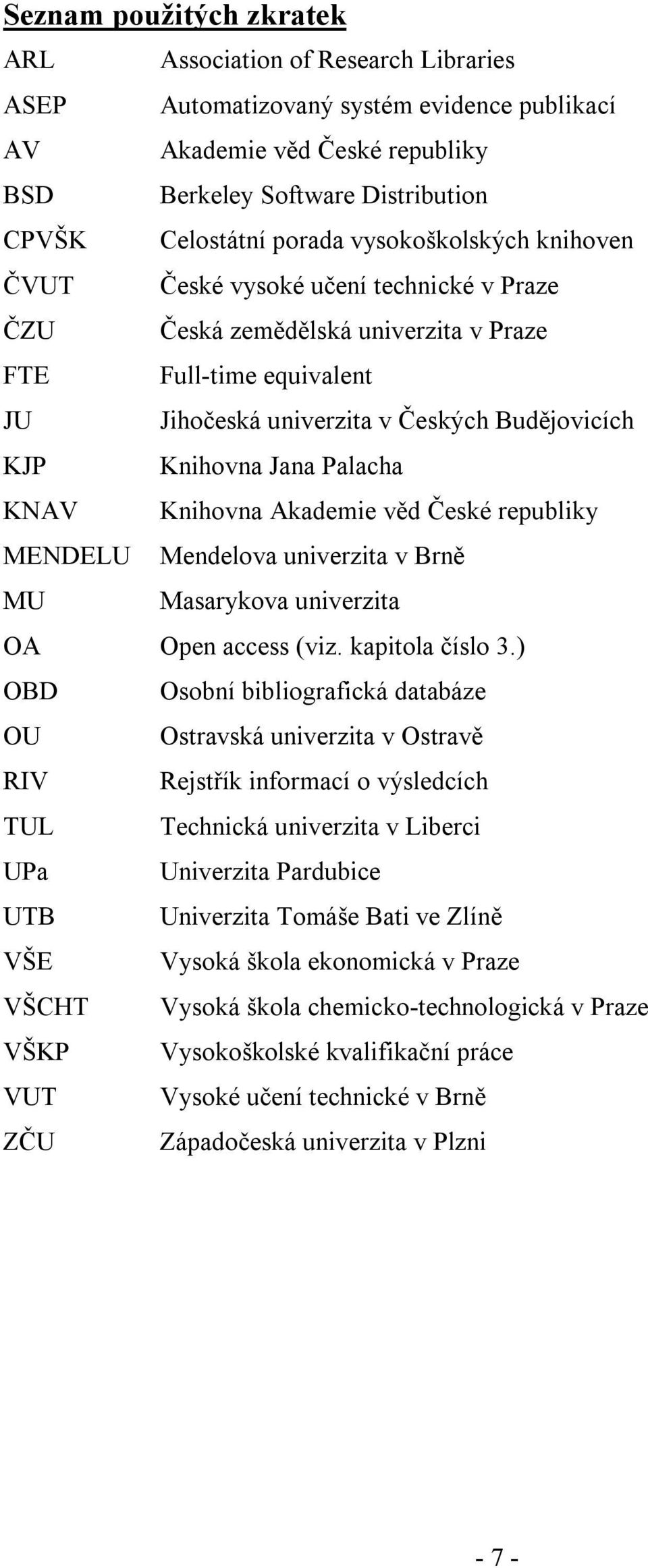 Palacha KNAV Knihovna Akademie věd České republiky MENDELU Mendelova univerzita v Brně MU Masarykova univerzita OA Open access (viz. kapitola číslo 3.