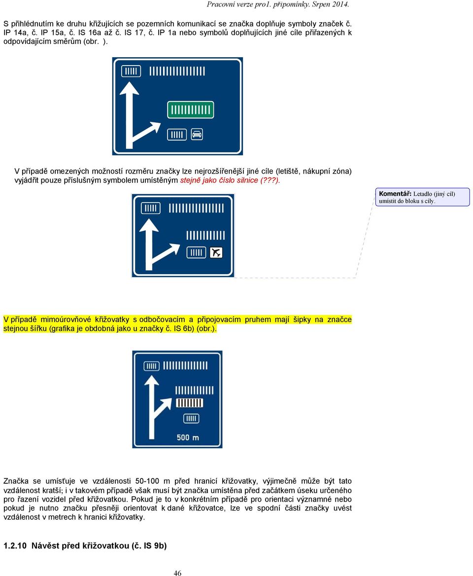 V případě omezených možností rozměru značky lze nejrozšířenější jiné cíle (letiště, nákupní zóna) vyjádřit pouze příslušným symbolem umístěným stejně jako číslo silnice (???). Komentář: Letadlo (jiný cíl) umístit do bloku s cíly.