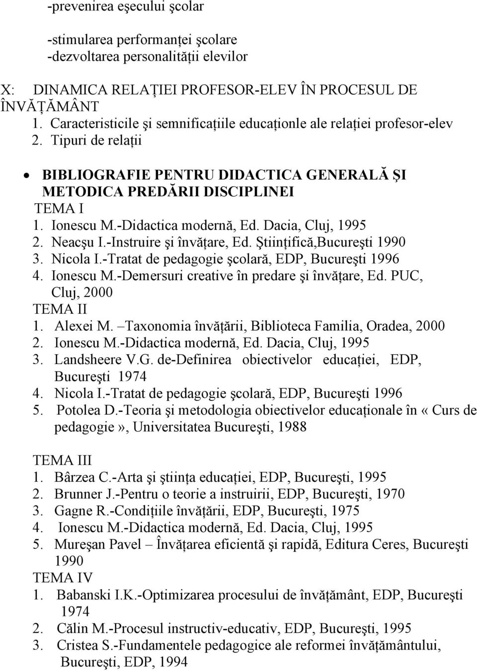 -Didactica modernă, Ed. Dacia, Cluj, 1995 2. Neacşu I.-Instruire şi învăţare, Ed. Ştiinţifică,Bucureşti 1990 3. Nicola I.-Tratat de pedagogie şcolară, EDP, Bucureşti 1996 4. Ionescu M.