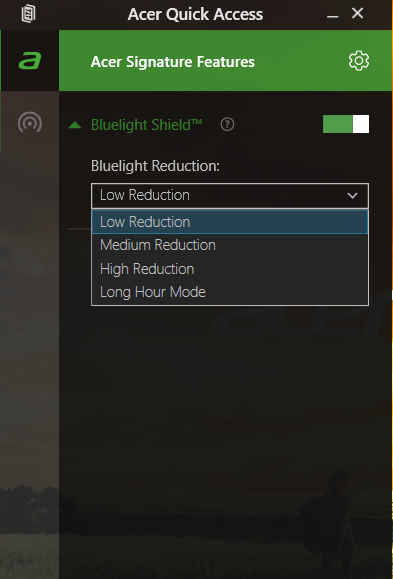 24 - Acer Bluelight Shield A CER BLUELIGHT SHIELD Acer Bluelight Shield lze povolit, pokud chcete omezit emise modrého světla z obrazovky kvůli ochraně zraku.